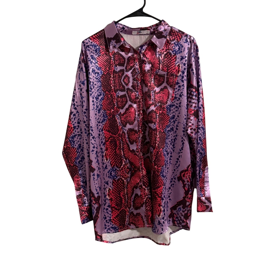 Elsie & Fred Purple Red Snakeskin Satin Button Down Shirt Small Long Sleeve Top